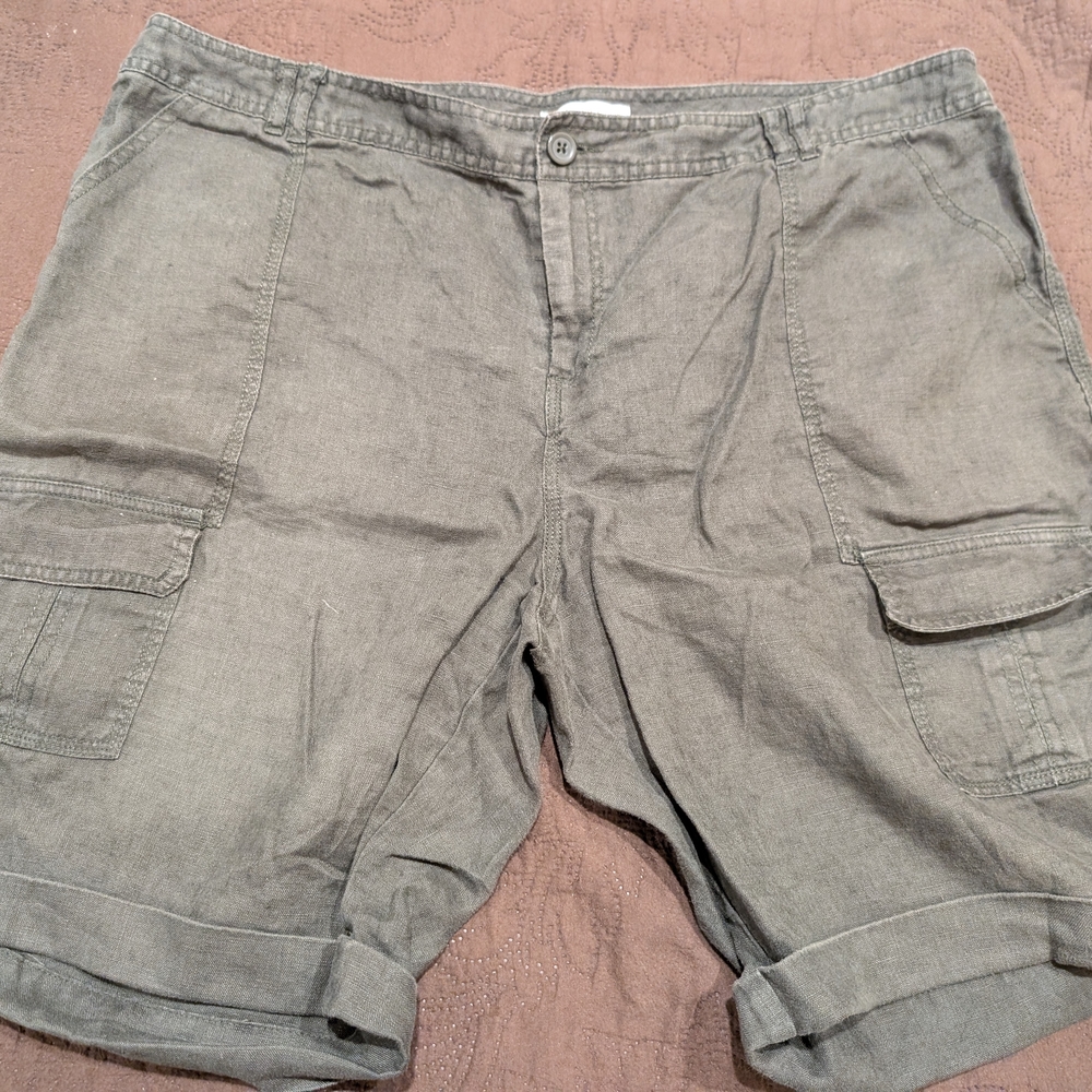 Coldwater Creek Linen Natural Fit Sits At The Waist Olive Cargo Shorts Sz 18